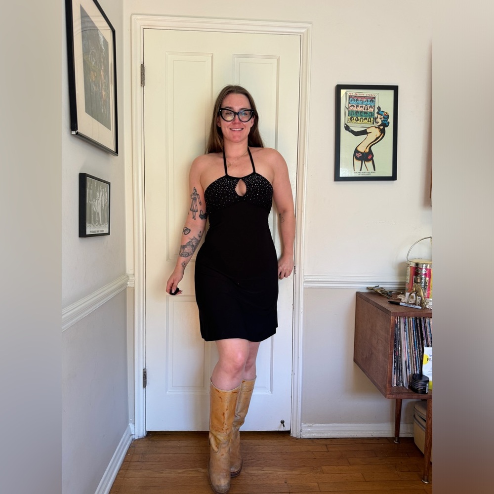 Y2K Vintage Halter Dress with Rhinestones and Cutouts
